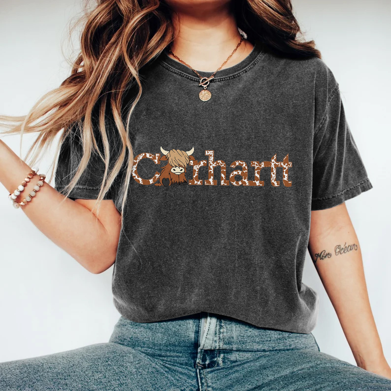 Comstylish Highland Cow Carhartt Print T-Shirt