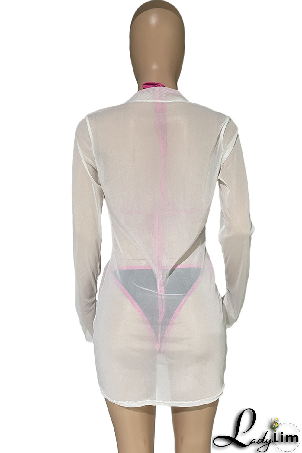 White Sexy Solid Mesh Halter Long Sleeve Three Pieces