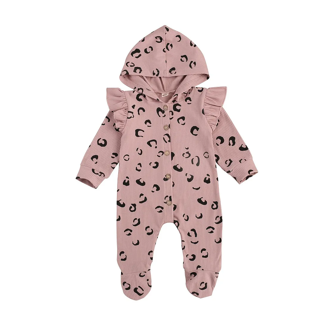 Infants Baby Girls Boys Leopard Ribbed Footies Fall Jumpsuit Knitting Hooded Long Sleeve Buttons Home Sports Sleeping Trousers