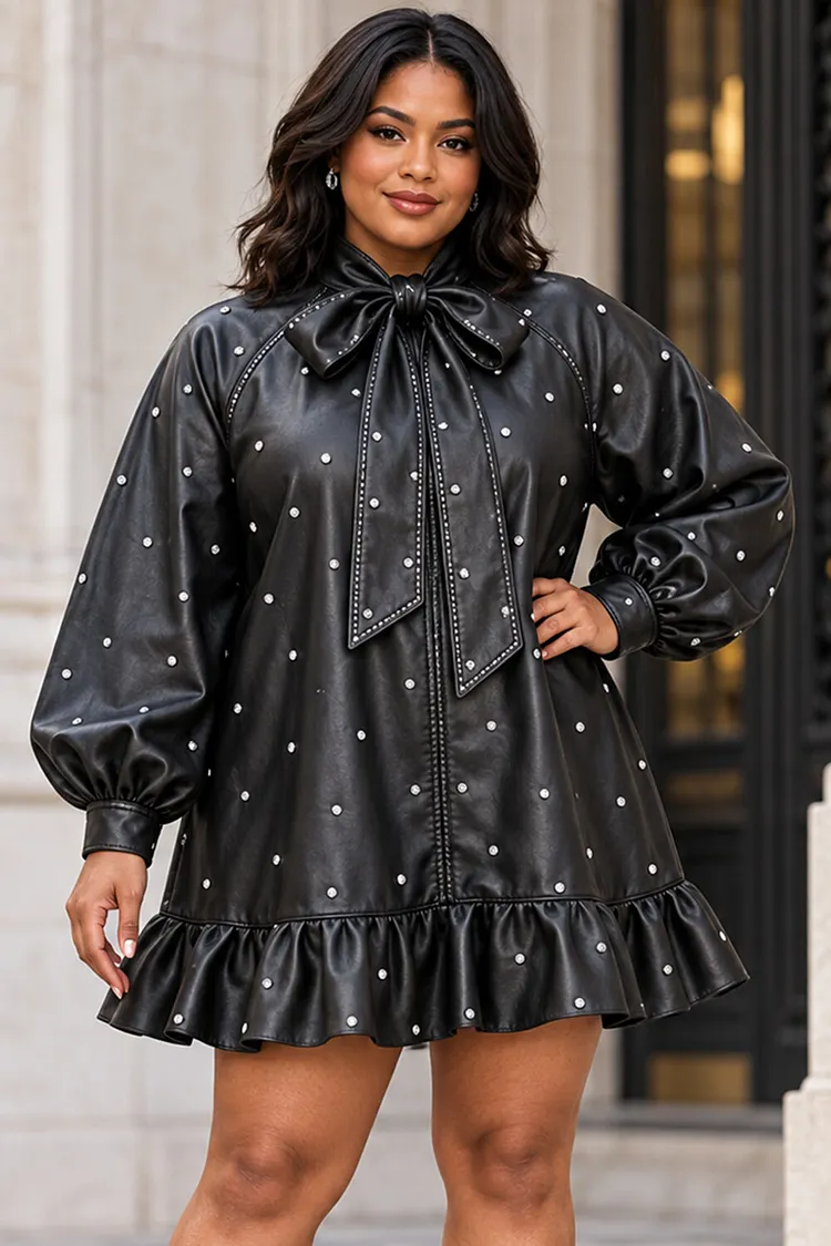 Xpluswear Design Plus Size Party Black Stand-Up Collar Long Sleeve Drilling Bow Tie PU Leather Mini Dresses [Pre-Order] 2024 - Xpluswear
