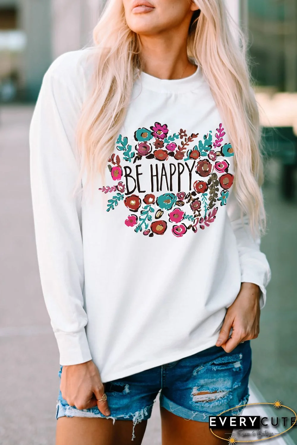 White Be Happy Floral Print Crewneck Long Sleeve Top