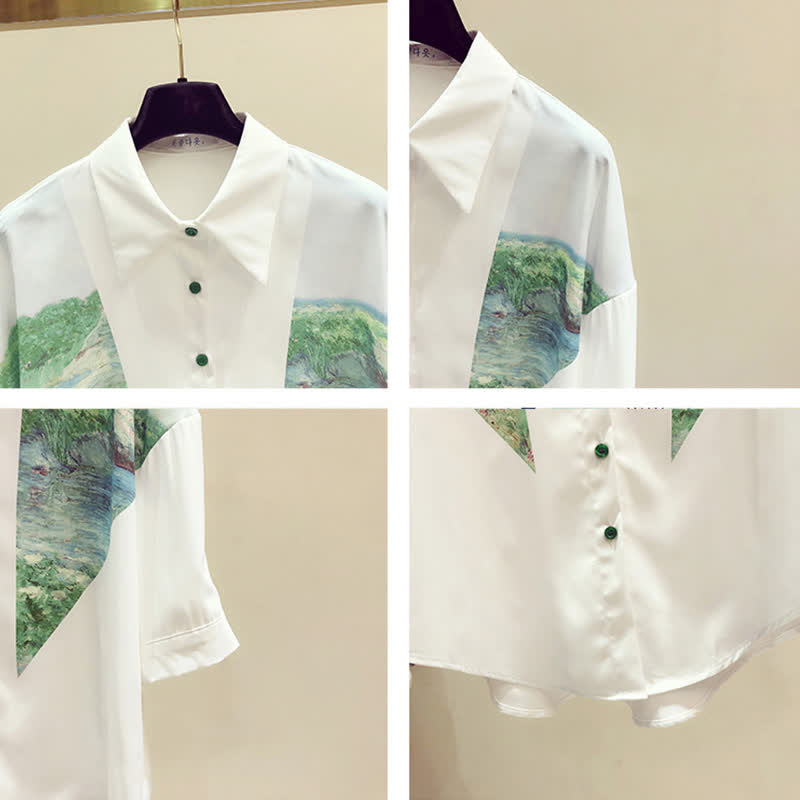 Chic Painting Print Chiffon Lapel Shirt Workwear