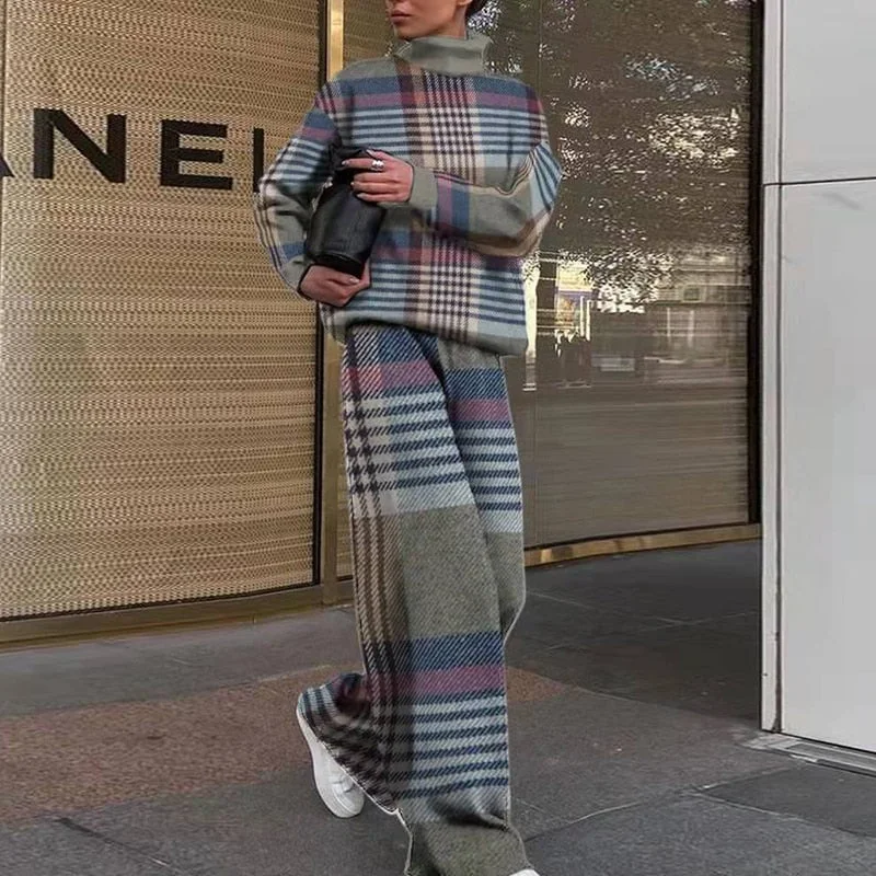 Casual Two Piece Outfits Graffiti Printing Sweatshirt Suits Women Streetwear Turtleneck Top + Wide Leg Pants Tracksuit 2 PC Sets