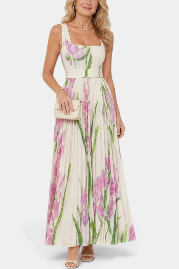 Pleated Square-Neck Maxi Dress with Floral Print