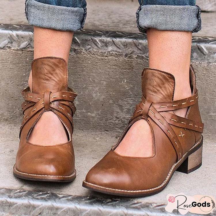 Daily Artificial Leather Low Heel Boots Hollow Up Vintage Booties