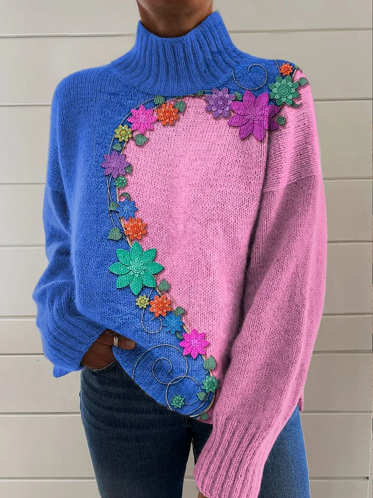 Vintage Floral Paper Cutting Art Print Knit Turtleneck Pullover Sweater