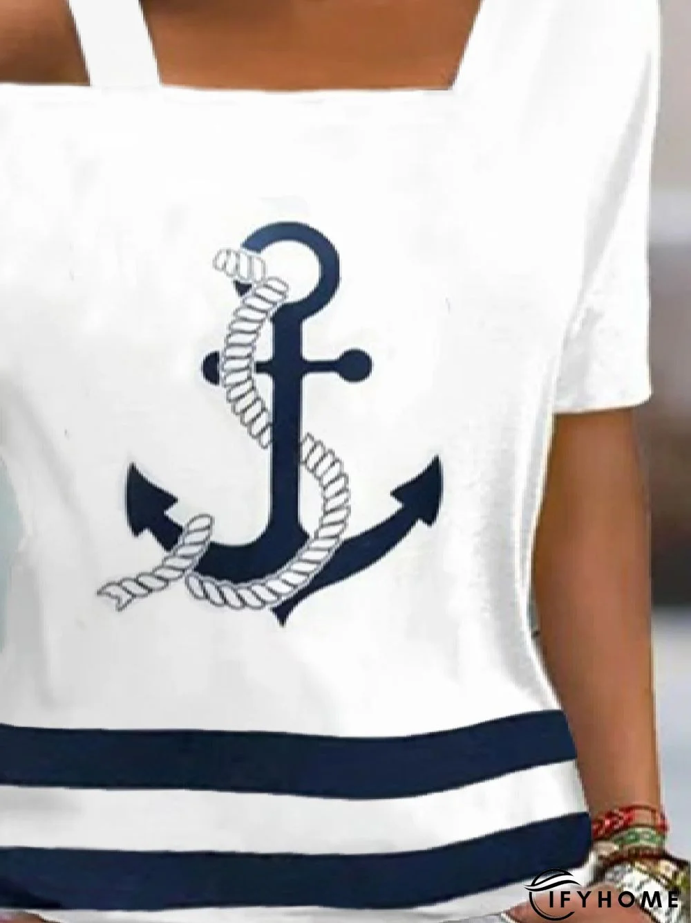 Women's Loose Blouse Anchor Pattern short Sleeve One Shoulder Asymmetrical Neck Blouse Fall Spring | IFYHOME