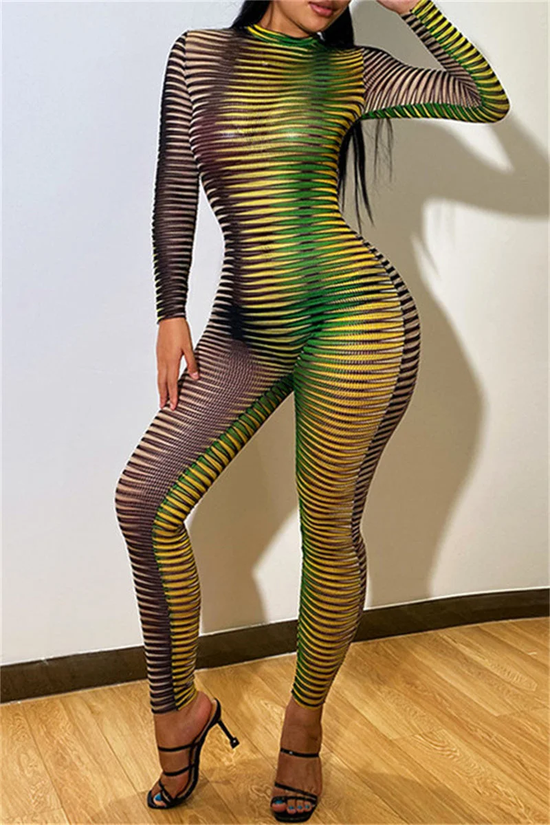 Fashion Sexy Print See-through O Neck Skinny Jumpsuits