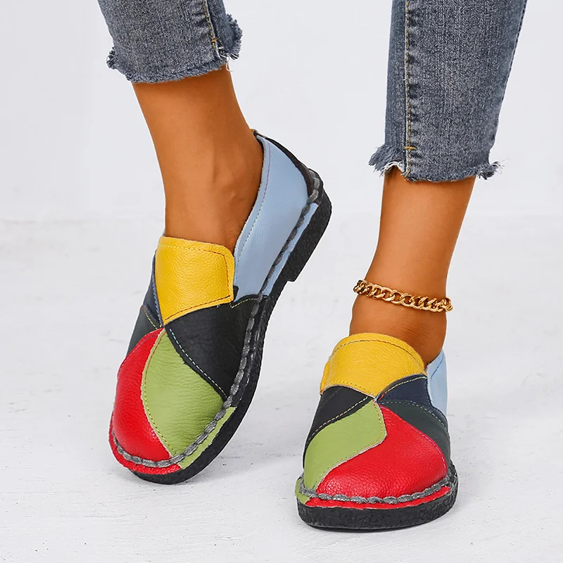 Women Loafers Patches Stitching Flat Shoes 