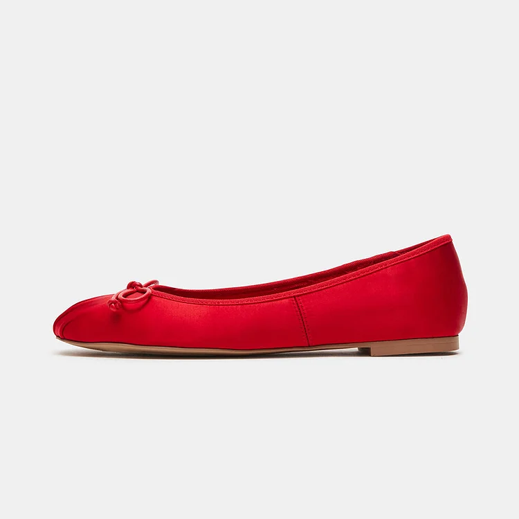 Women's Satin Ruched Square Toe Bow Embellished Ballet Flats in Red |FSJ Shoes