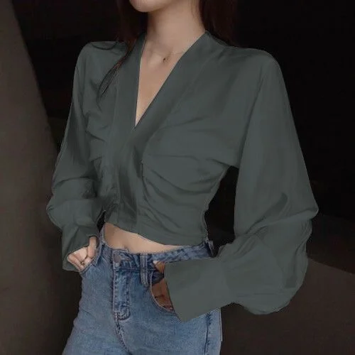 Deep V Neck Sexy Top Blouse Long Sleeve Women Tee Shirt Evening Party Clothes Autumn Cropped Tops 2021 New Elegant