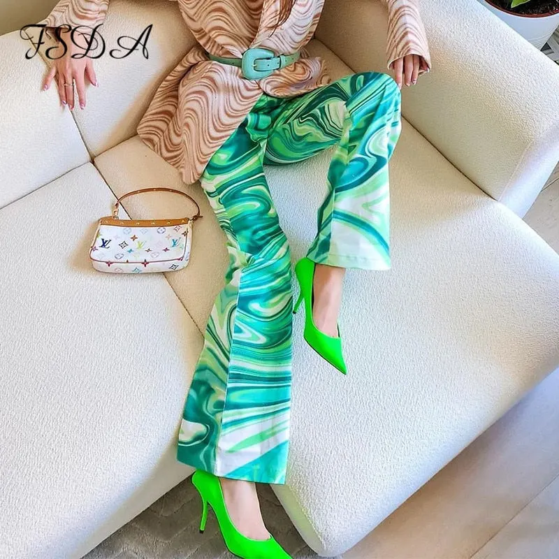 FSDA 2021 Tie Dye Print Pants Women Green Wide Leg Summer Spring Casual Vintage High Waist Zipper Fashion Trousers 90S