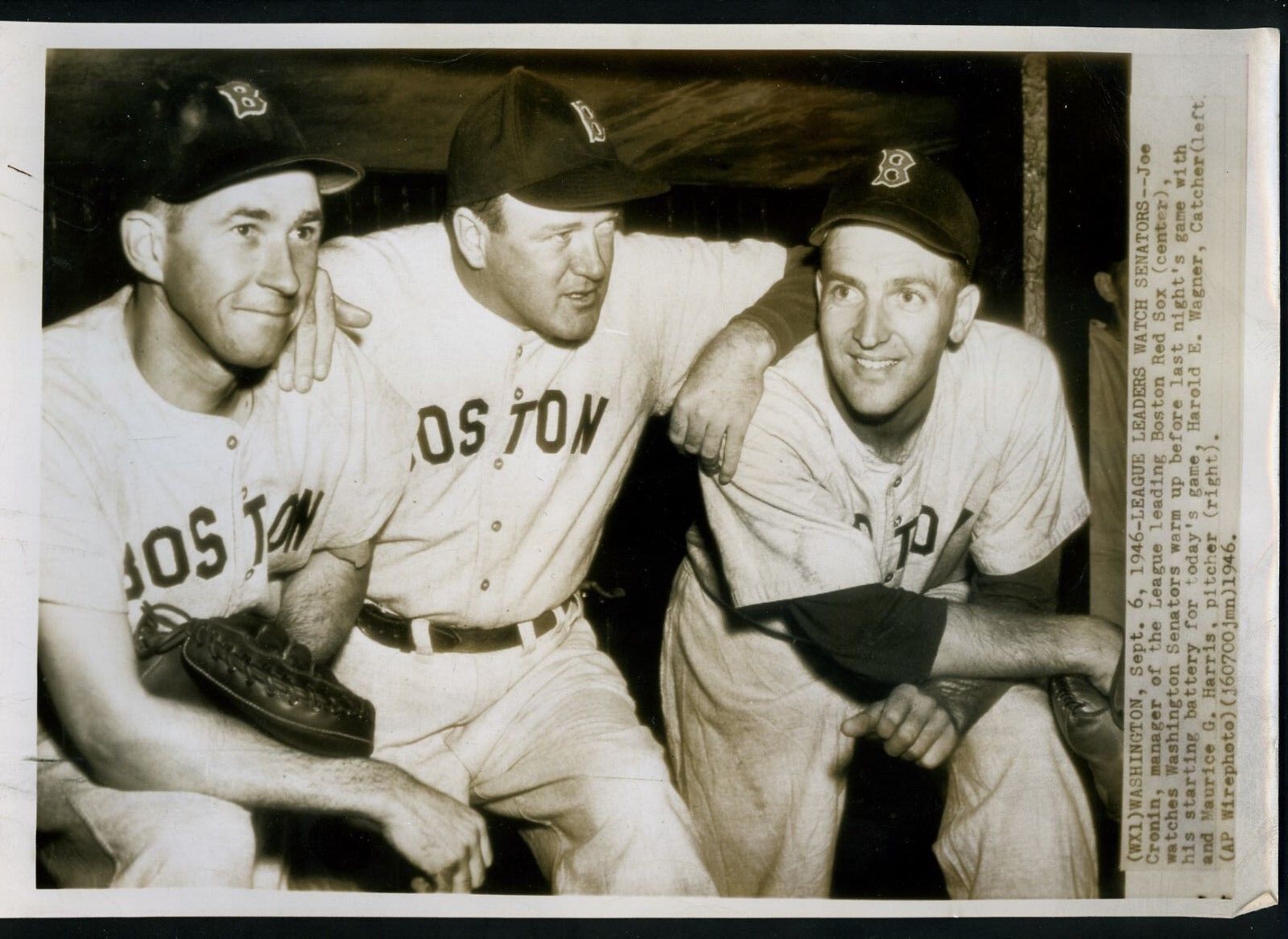 Joe Cronin Hal Wagner Mickey Harris 1946 Press Photo Poster painting Boston Red Sox