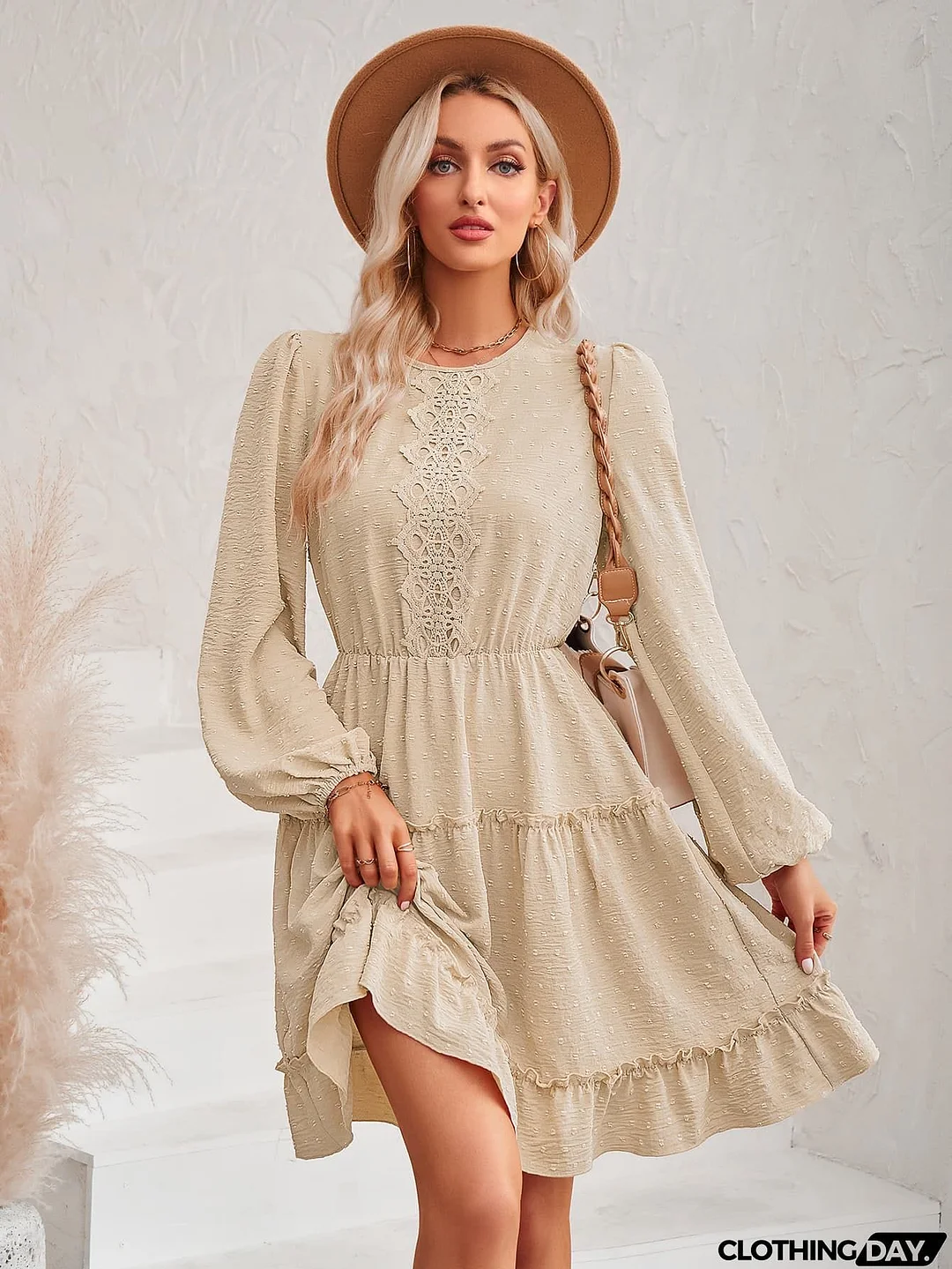 Swiss Dot Lace Trim Balloon Sleeve Dress