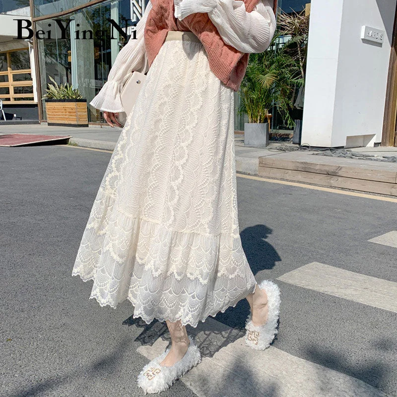 Beiyingni 2019 Fashion Midi Women's Skirt Hollow Out Lace Korean Casual A Line Skirt Simple Long Elegant Street OL Faldas Mujer