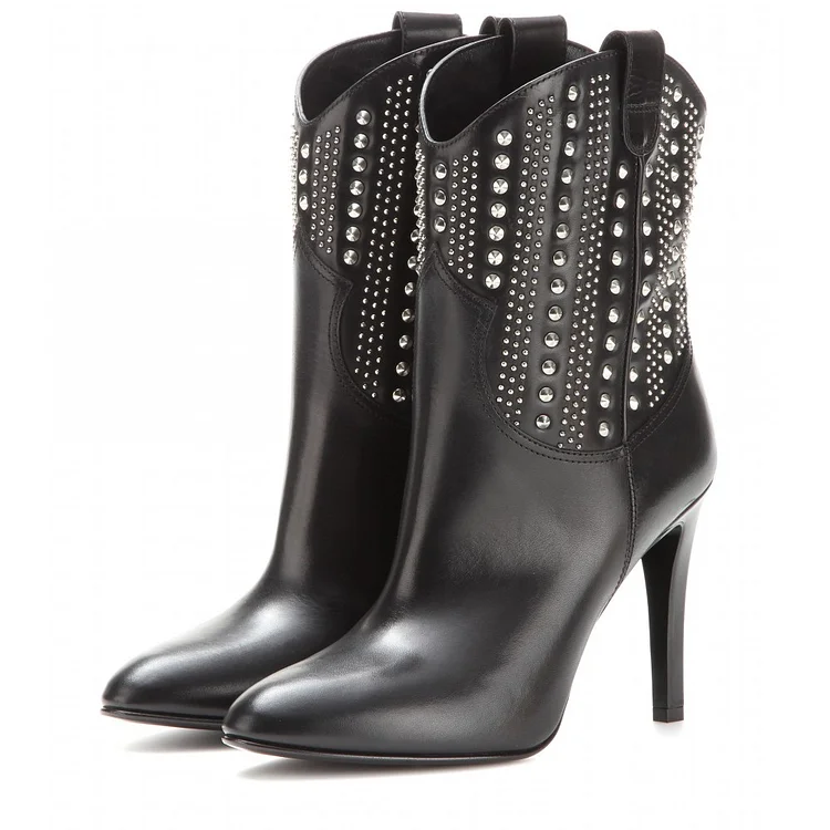 Black Stud Cowgirl Chunky Heel Ankle Boots Vdcoo
