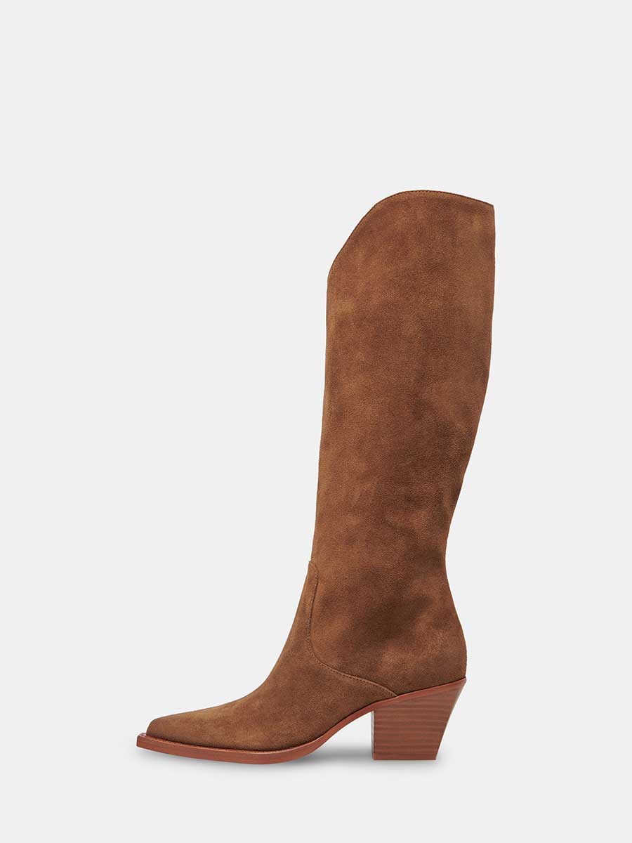 Brown Faux Suede Snip Toe Knee High Partial-Zip Chunky Heeled Cowgirl Boots 