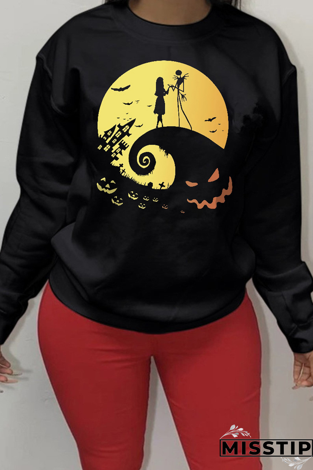 Black Fashion Street Print Patchwork O Neck Tops