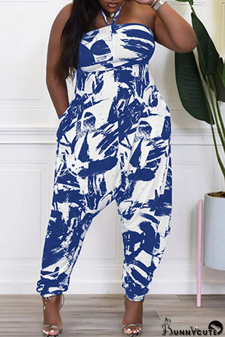 Blue Sexy Casual Print Bandage Backless Strapless Regular Jumpsuits