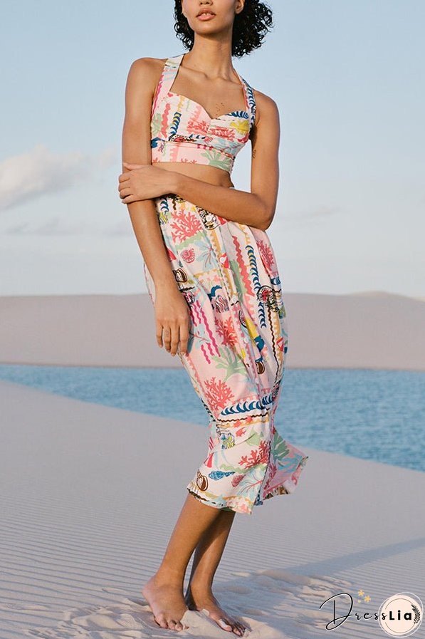 Multicolor Printed Sexy V Neck Halter Top and Midi Button-down Skirt Set
