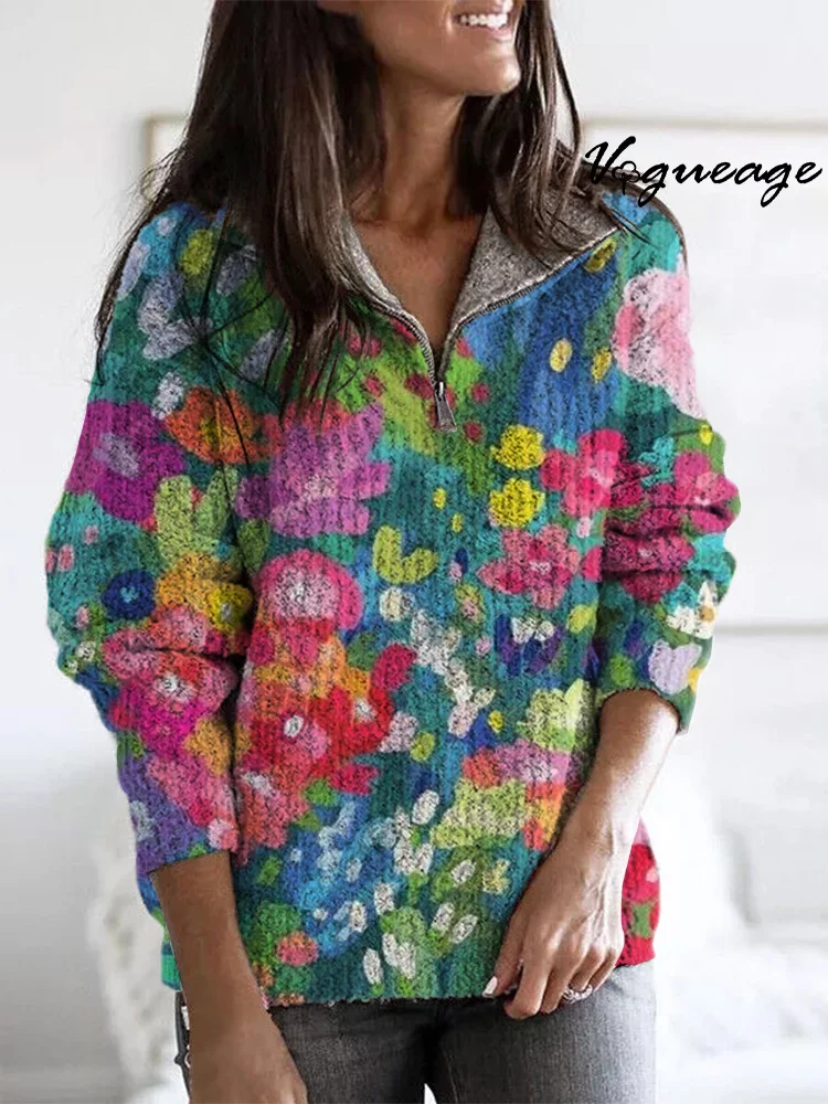 Leisure Oil Painting Petals Flowers Plants Zippered Long-Sleeved Sweater