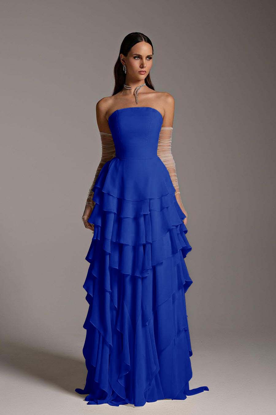 Lvs&Broner Charming Strapless Sleeveless Ruffles Long Prom Dress With Gloves
