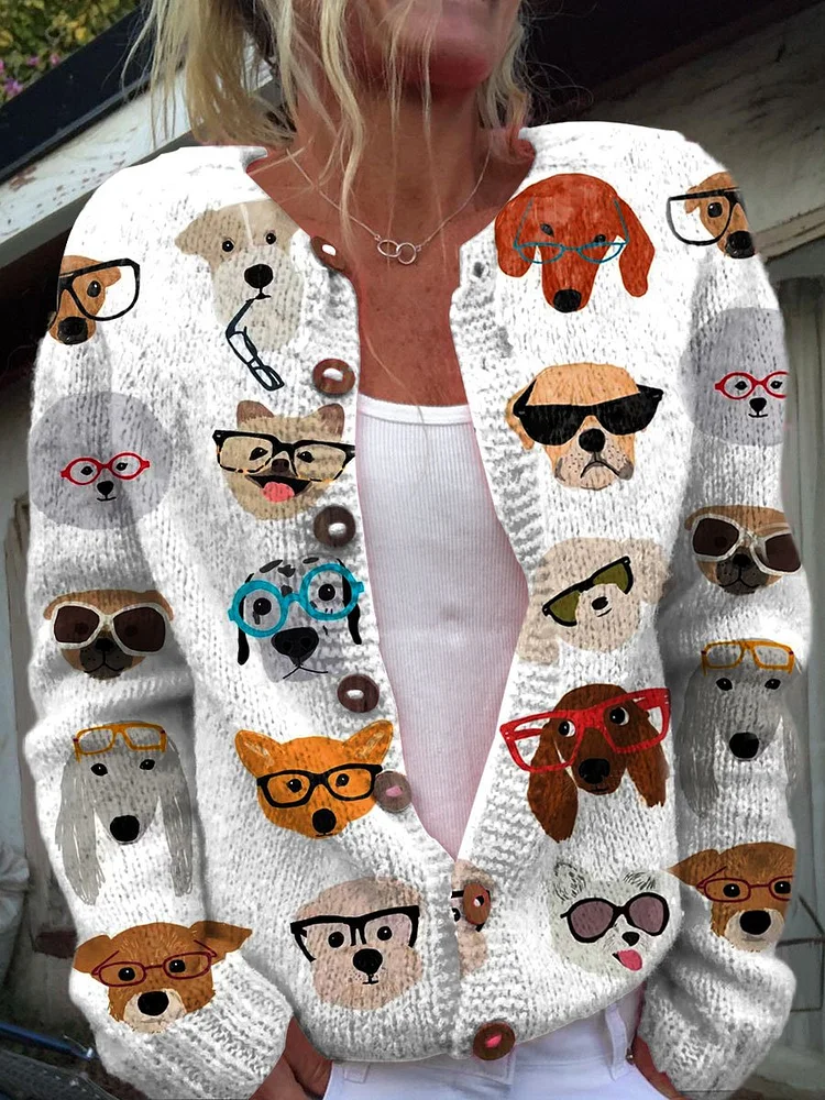 Cute Lovely Dog With Glasses Art Print Buttoned Cardigan Sweater