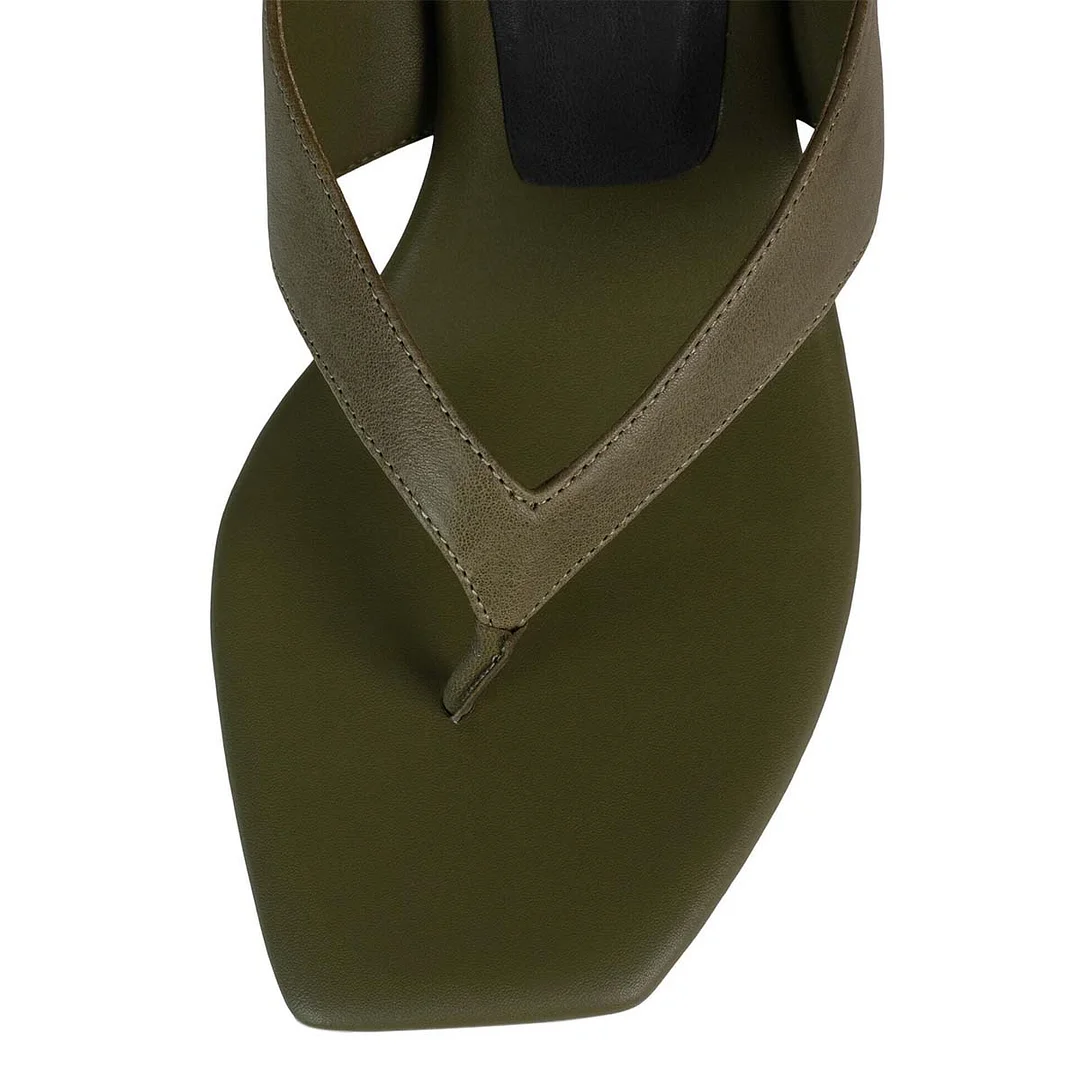 YDN Simple Olive Vegan Leather Spool Heel Open Toe Mules Sandals