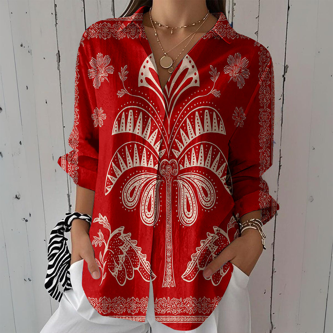 Women Long Sleeve V-neck Graphic Floral Printed Top