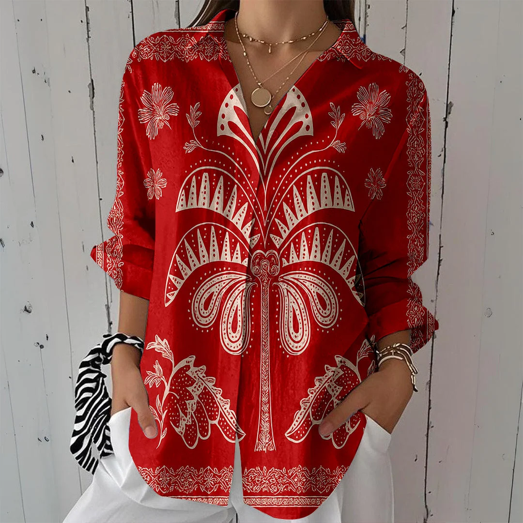 Style & Comfort for Mature Women Women Tropical, Red DZCL0084 3/4 Sleeve Shirt Collar Printed Button Tops
