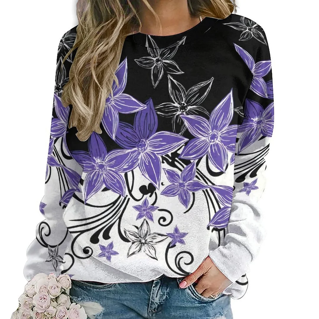 Printed Long Sleeve Casual Sweatshirt for  Women and Men Unisex Pattern Floral, Black, Purple