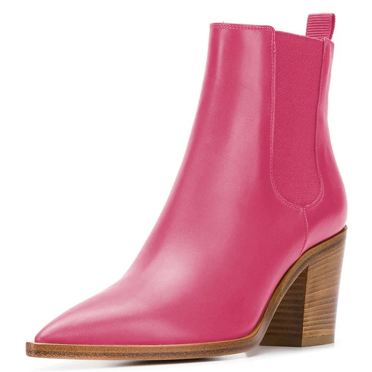 Pink Block Heel Boots Pointy Toe Chelsea Boots |FSJ Shoes