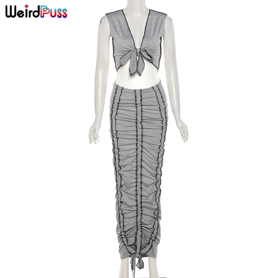 Weird Puss Shirring Casual Two Piece Shorts Sets Lace Up Tank Top+Ruched Long Skirt Fitness Striped Matching Suits Streetwear