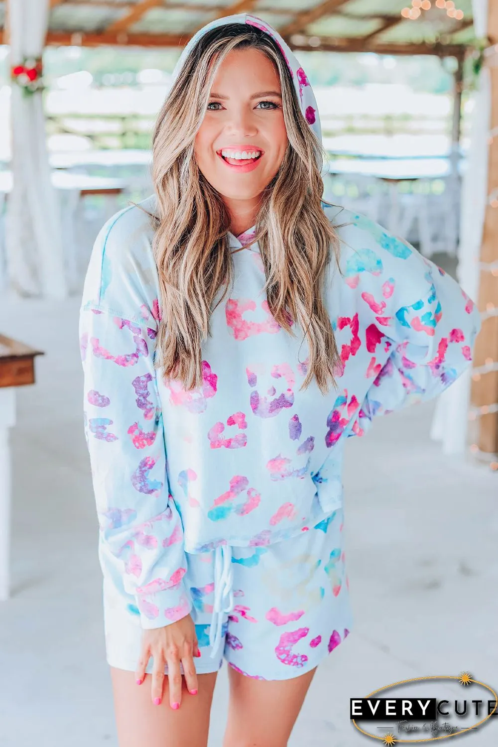 Sky Blue Leopard Print Hoodie and Shorts Set