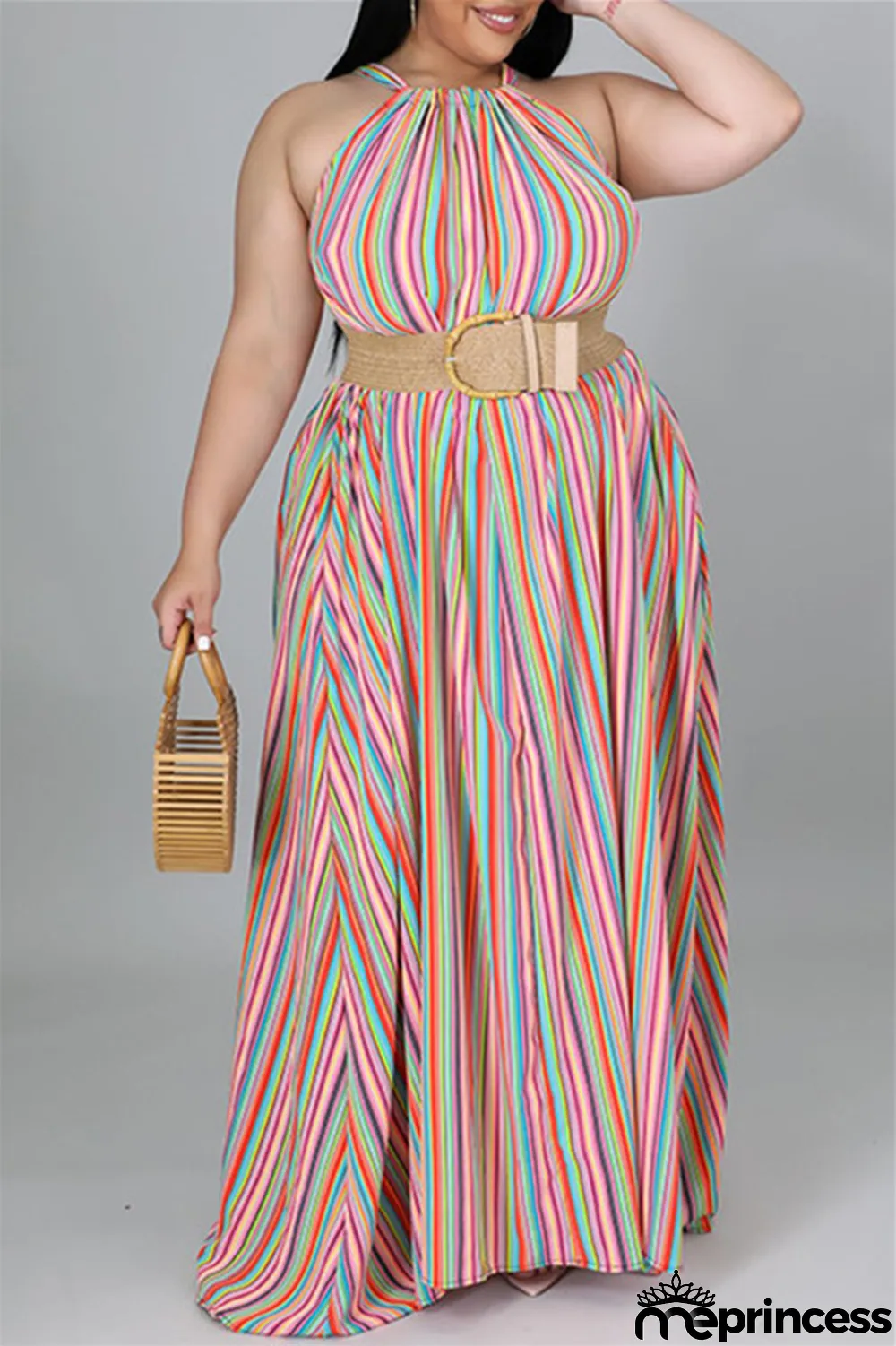 Light Blue Fashion Casual Plus Size Striped Print Backless O Neck Sleeveless Dress