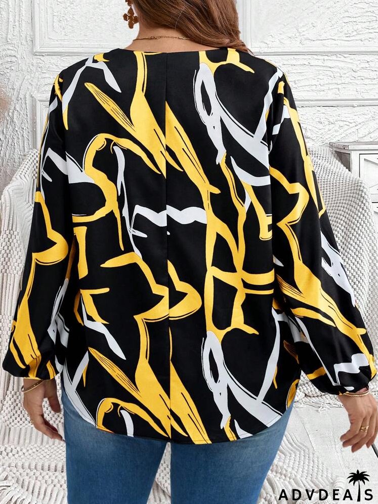 Plus Size Women's Asymmetrical Line Print V-Neck Lantern Sleeve Loose Casual Long Sleeve Blouse, Fall Clothes