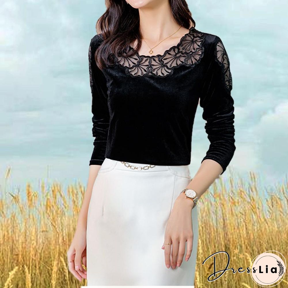 Black Flower Pattern Mesh Flannelette Top