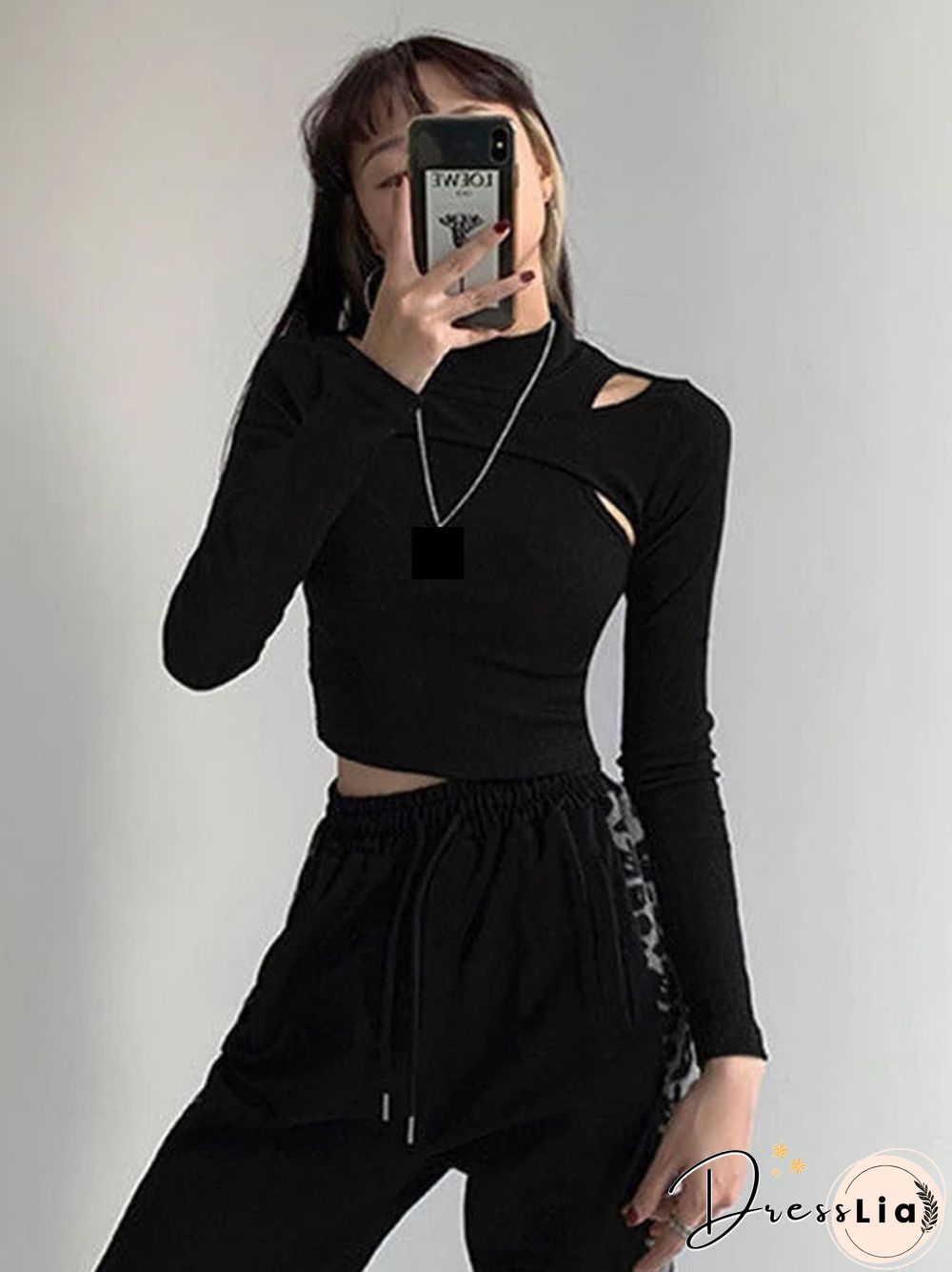 Hollow Knitted Crop Tops Women New Fitness Fake Two-piece T-shirt Female Black White Long Sleeve Tops