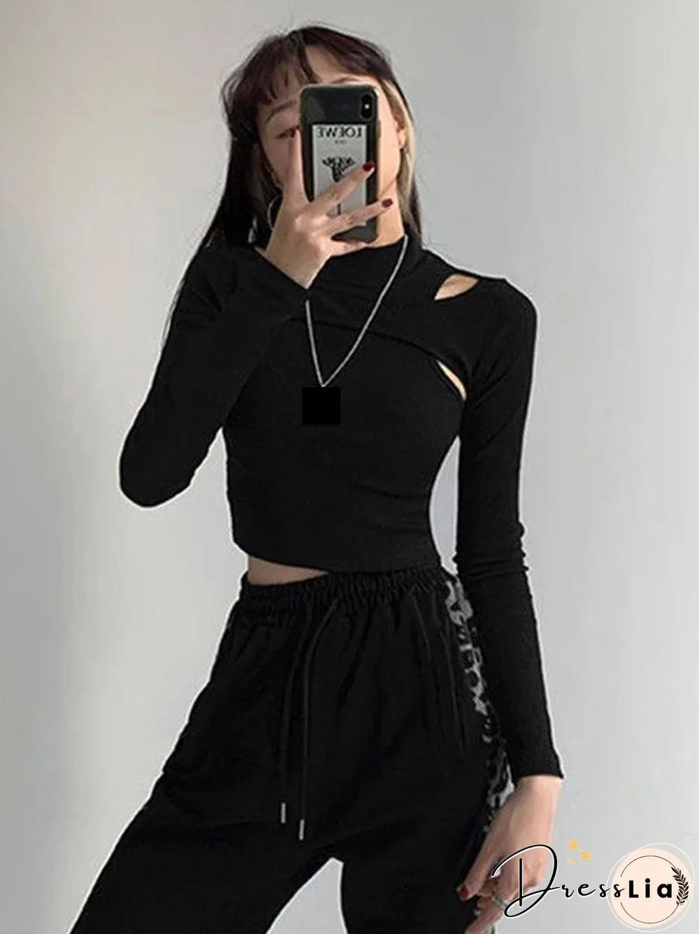 Hollow Knitted Crop Tops Women New Fitness Fake Two-piece T-shirt Female Black White Long Sleeve Tops