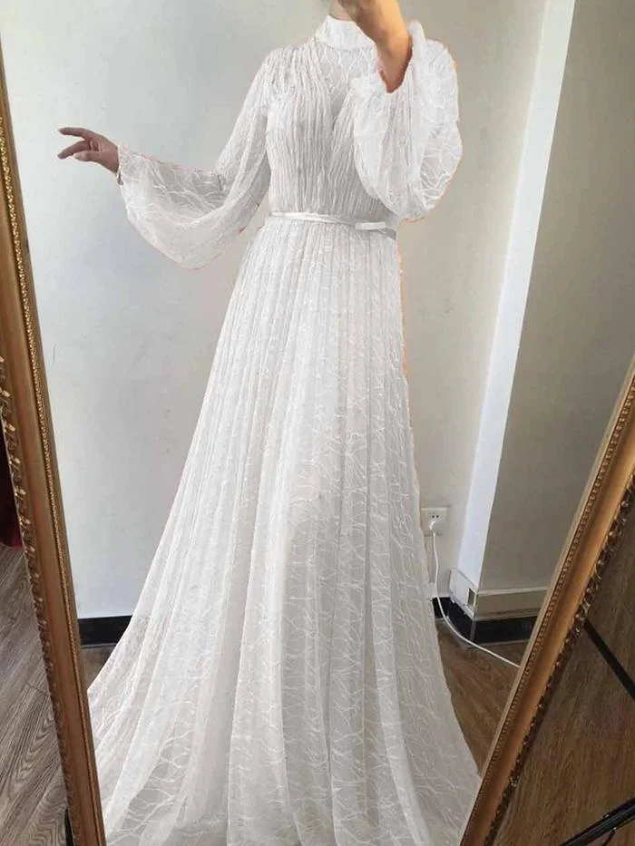 Elegant Puff Sleeve High Neck Long Sleeve Dress