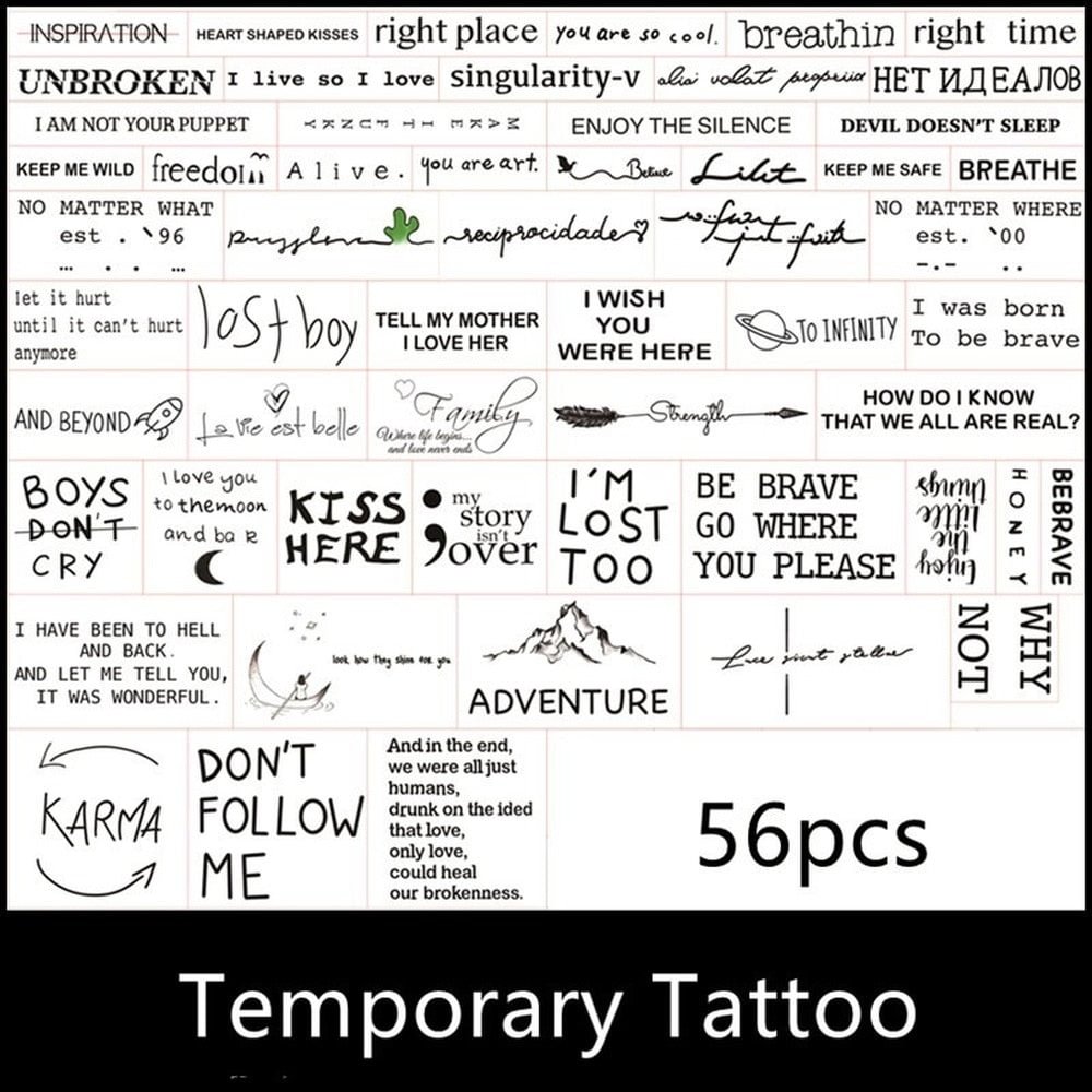 Tattoo Sticker set English sentence brave breathin kiss here Tatoo Temporary Flash Tatto Fake Cool stuff for Men Women 56 Pcs