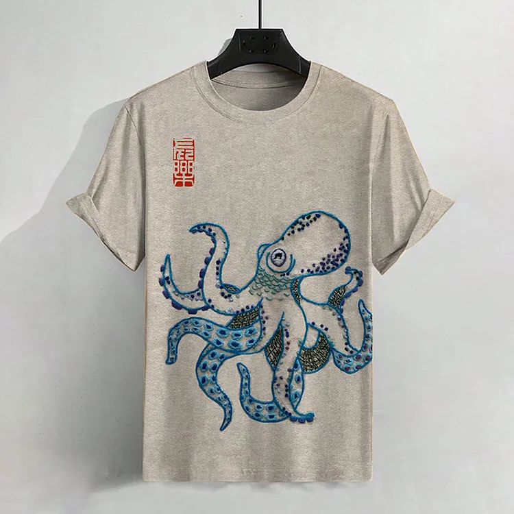 Men'S Vintage Octopus Art Embroidery Printed T-Shirt