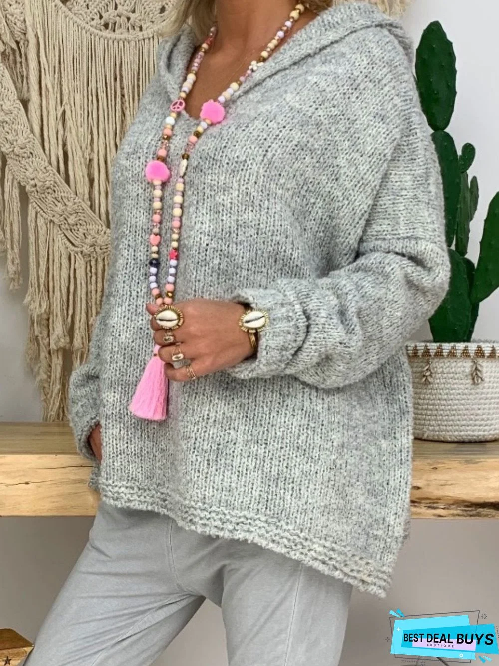 Casual Solid Shift Knitted Hoodie Sweater