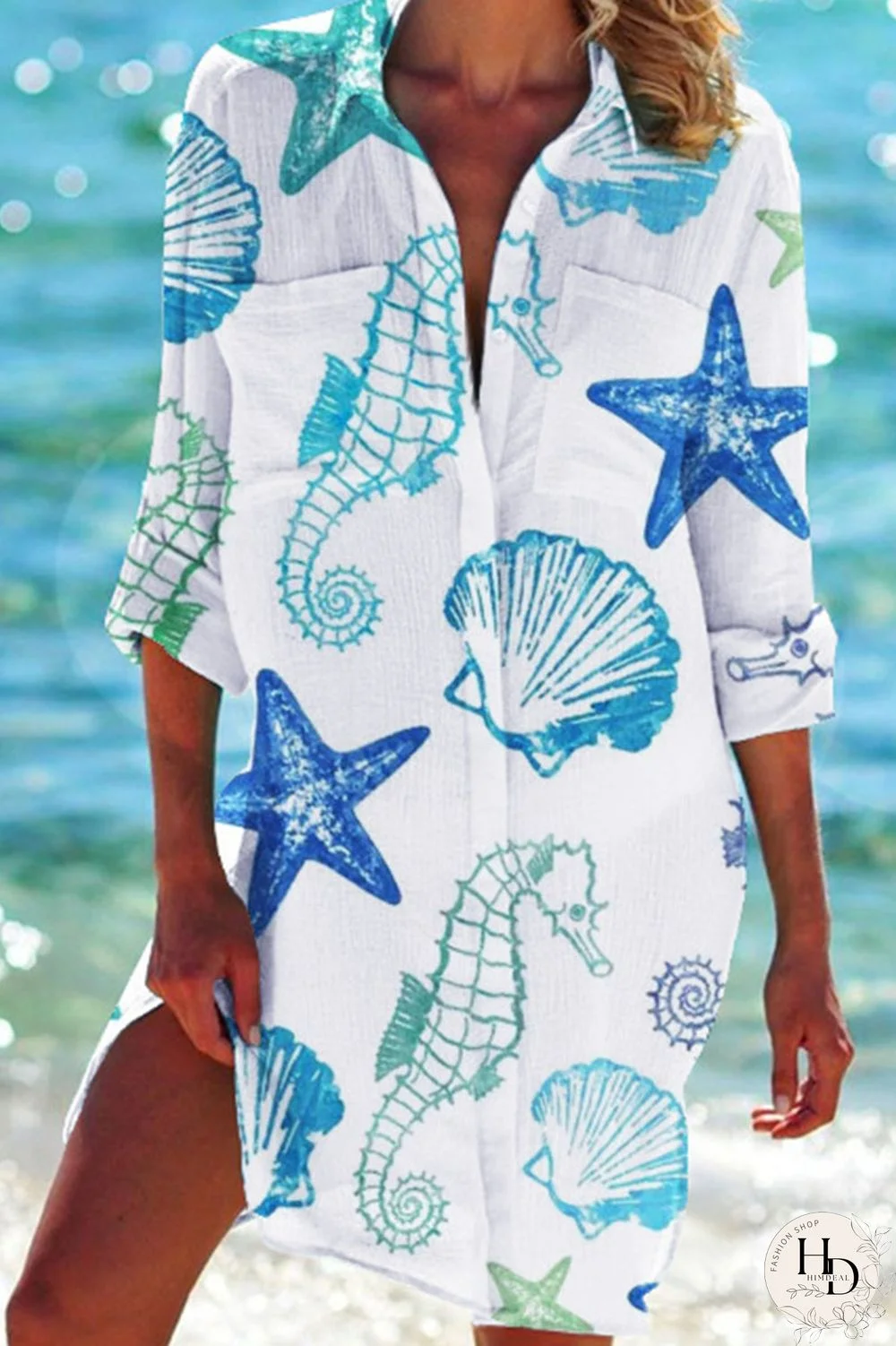 Sky Blue Casual Print Patchwork Buckle Turndown Collar Tops