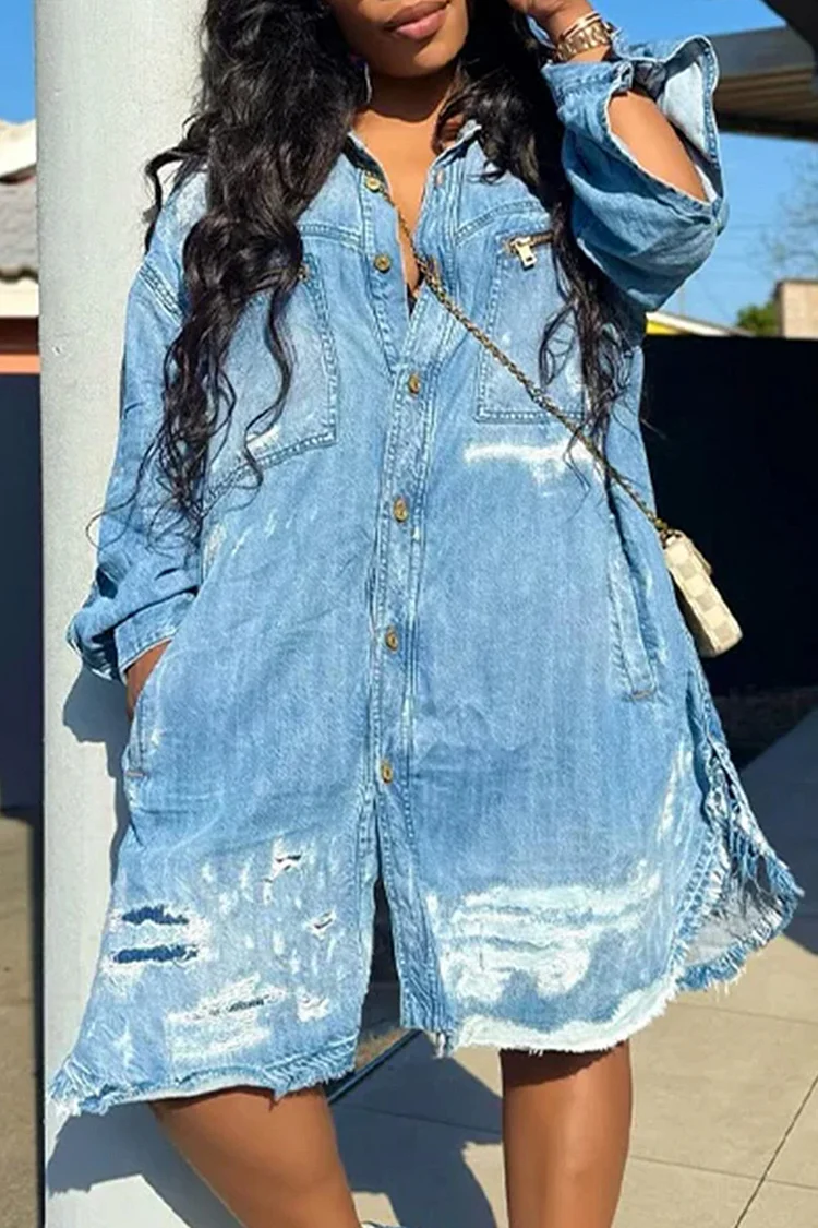 Plus Size Daily Blue Shirt Collar Long Sleeve Pocket Casual Ripped Denim Shirt Dresses [Pre-Order]