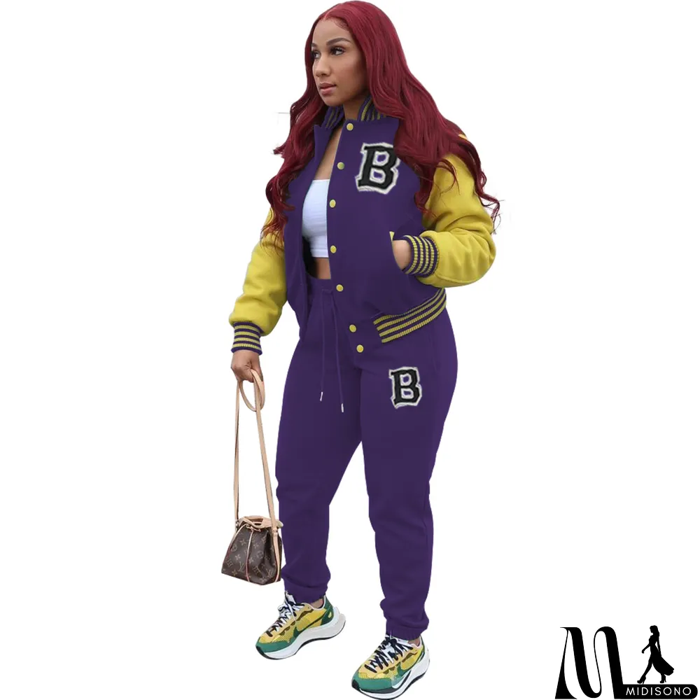 MidiSono - Women Letter Baseball Jacket and Pant Two-Piece Set