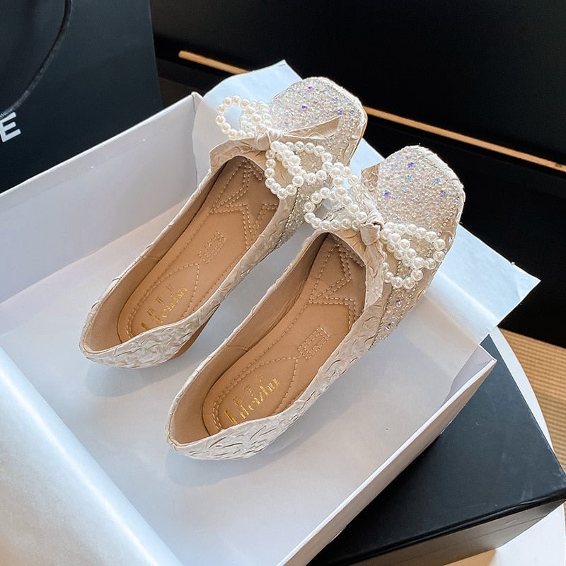 pearl strings bow flat shoes women glitter lolita shoes pleated slik square toe slip on loafers women espadrilles big size 43