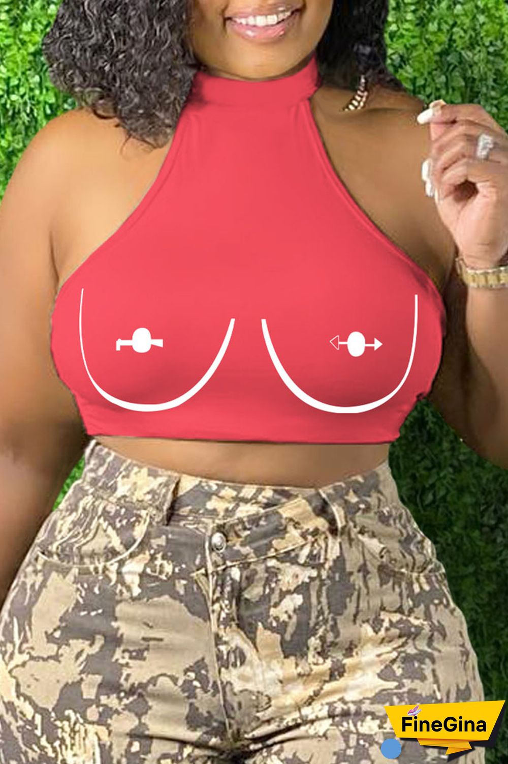 Brick Red Sexy Print Patchwork O Neck Tops