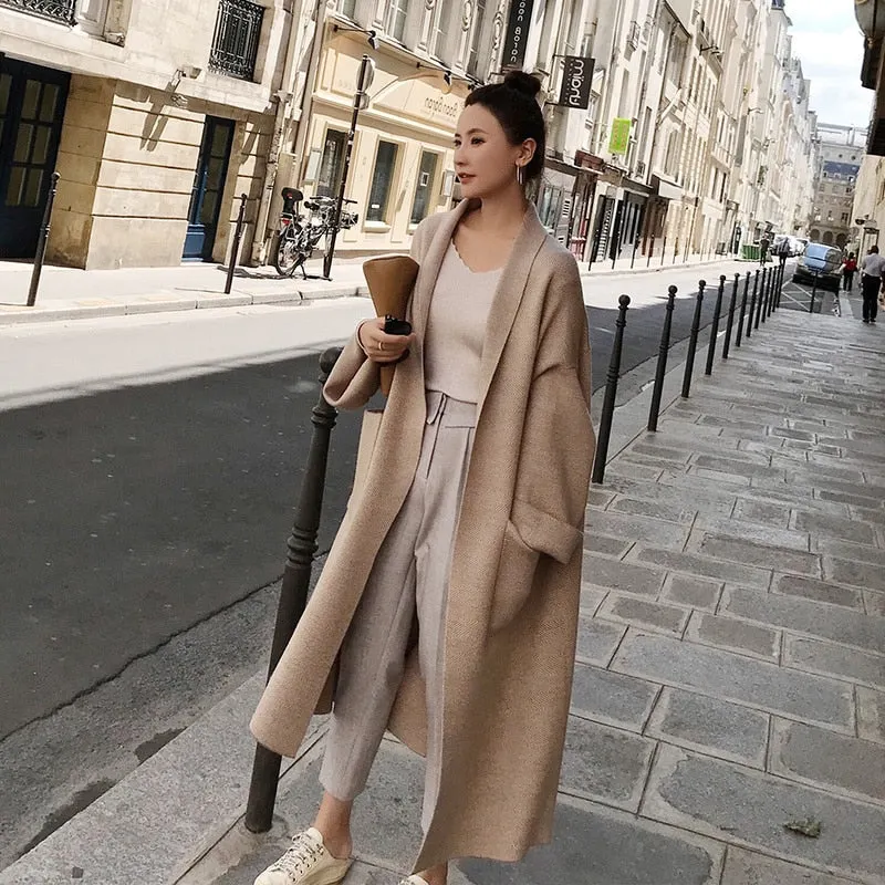 Loose Woolen Casual V-Neck Fashion Striped Cardigans Elegant Coats Knit Sweater Oversize Coat Fashion Knitting Winter Wool Coat
