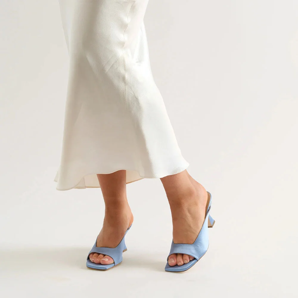 Light Blue Satin Square Toe Slip On Flared High Heel Mules